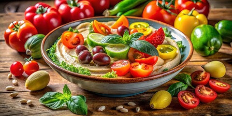 A vibrant bowl of hummus topped with a medley of fresh, colorful vegetables, showcasing a delicious and healthy meal option.