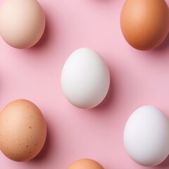 Fototapeta premium A flat lay of various eggs on a pink background.