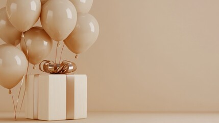 Beige Balloons and Gift Box on a Neutral Background