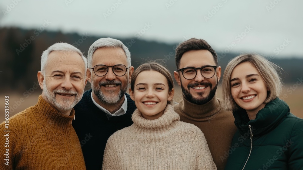 Poster heartwarming family portrait showing a diverse group of smiling relatives from different embracing e
