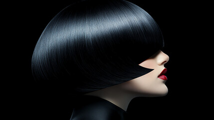 Elegant profile of a woman with sleek black hair and bold red lips against a dark background, showcasing modern beauty and fashion trends.