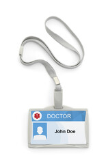 Doctor's badge with string on white background