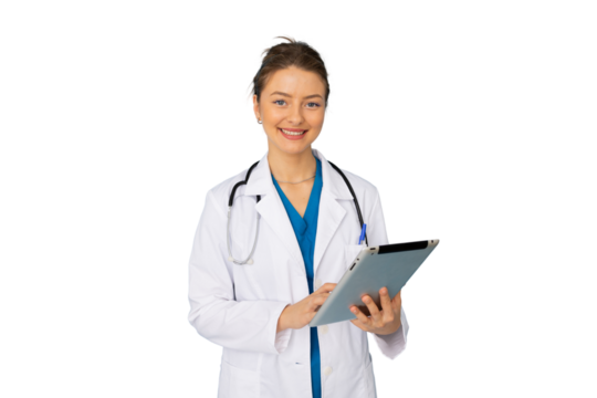 Young female doctor using a tablet for patient care