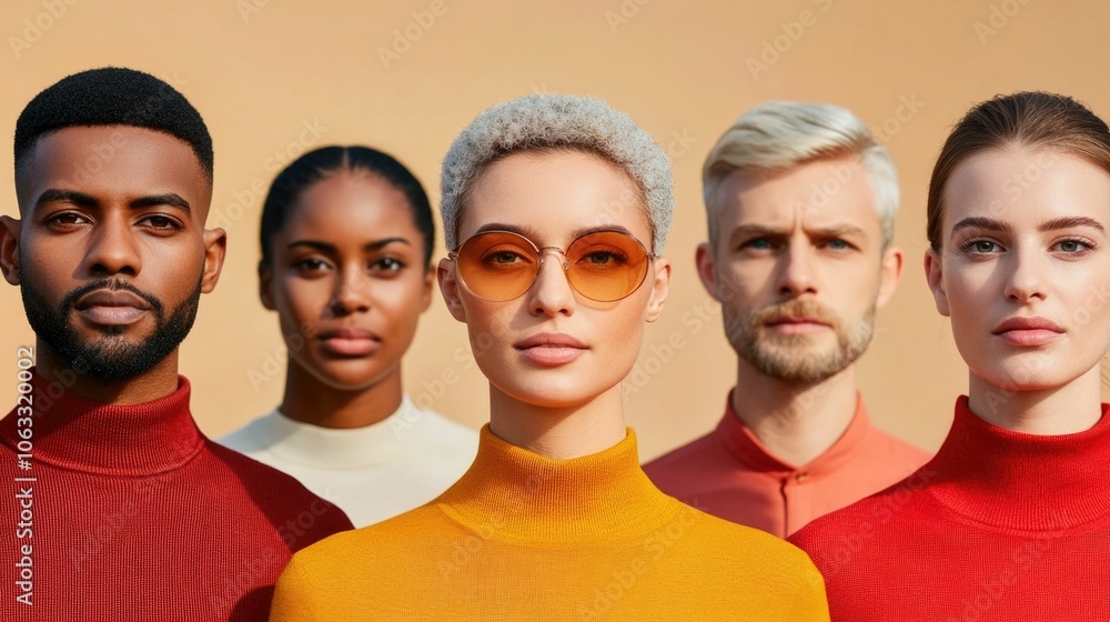 Poster diverse group of people from different ages and ethnicities standing together and smiling showcasing