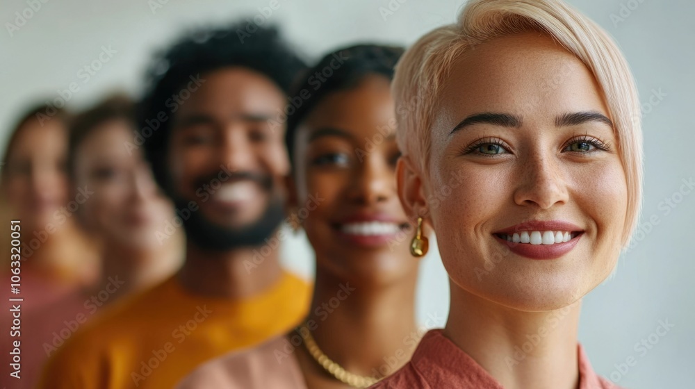 Poster diverse group of individuals of different ages and ethnicities standing together smiling and express