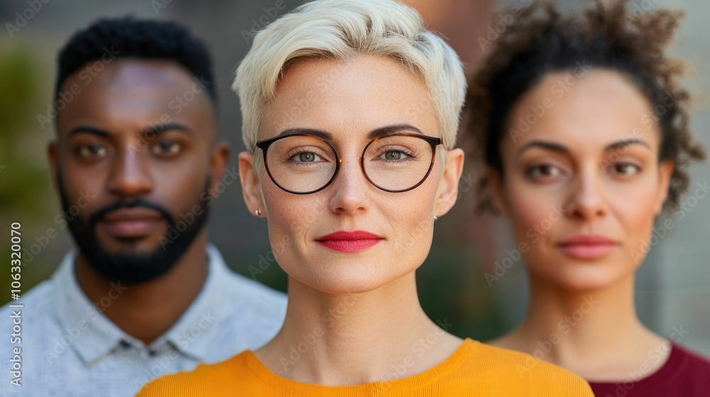 Poster smiling people of various ages and ethnicities standing together conveying a sense of unity connecti