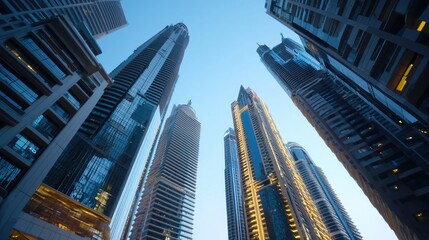 Fototapeta premium Explore the stunning architectural marvels of modern skyscrapers against a majestic sky