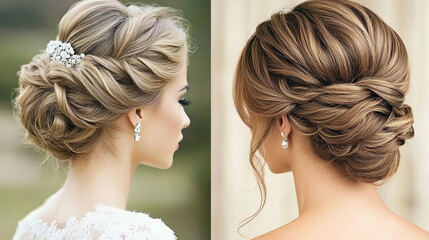 Fototapeta premium Elegant wedding hairstyles displayed from different angles, showcasing intricate braids and stylish accessories against a soft background.