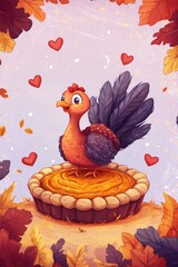 Whimsical cartoon turkey standing on pumpkin pie surrounded by hearts