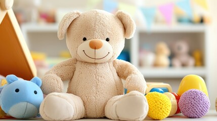 Adorable teddy bear sits among colorful toys in a cheerful playroom setting for kids