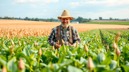 Portrait of happy senior farmer standing in cornfield and looking at camera