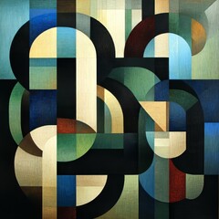 Fototapeta premium Abstract geometric composition with interlocking shapes and varied color palette.