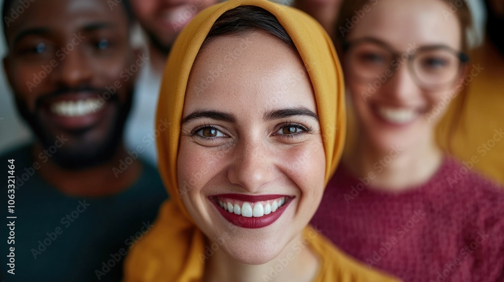 Poster diverse group of smiling people from different ethnicities and social backgrounds connecting in unit