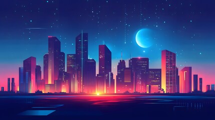 Futuristic City Skyline at Night with a Crescent Moon