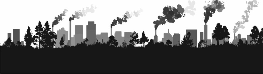 Black and white flat illustration on the topic of air pollution. Environmental pollution.