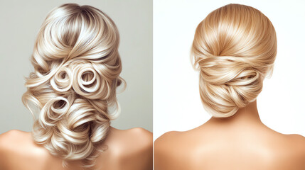 Stylish hairdos showcasing elegant curls and a smooth bun. Perfect for beauty inspiration and hairstyling ideas on a white isolate background.