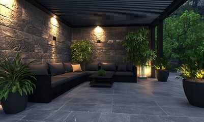 Fototapeta premium An outdoor seating area with black walls decorated with lights
