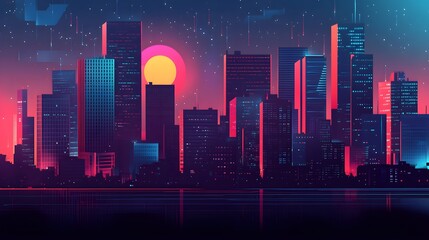 Neon-Lit Cityscape with Glowing Moon at Night