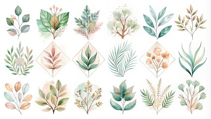 A Collection of Watercolor Botanical Elements Featuring Delicate Greenery, Intricate Branching Patterns, and Subtle Color Variations