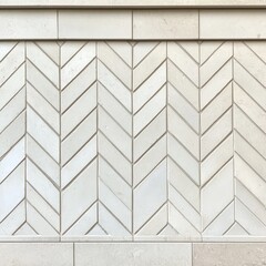 A close-up of a herringbone-patterned tile wall in light colors.