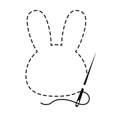 Silhouette of bunny head with interrupted contour. Copy space animal vector illustration of handmade work with embroidery thread and sewing needle on white background.