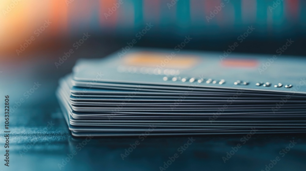 Aufkleber closeup view of various credit cards fanned out on a table with financial graphs and charts in the b