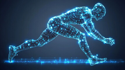 Fototapeta premium A digital rendering of an athlete in a starting position, ready to launch into a race, captured in a vibrant blue and white palette.