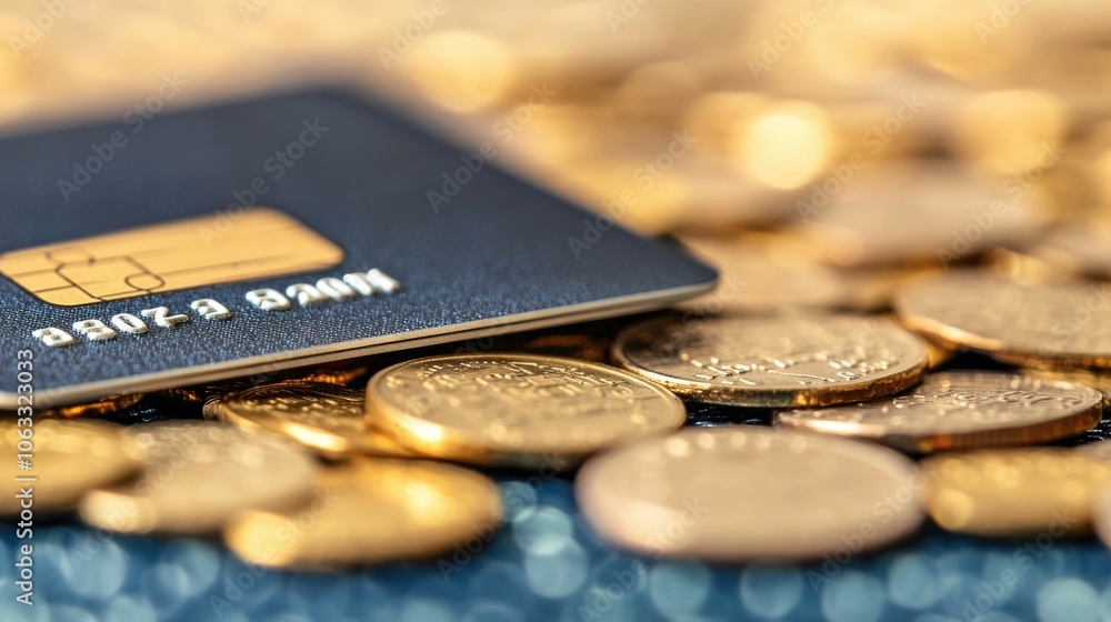 Poster a close up view of a leather wallet and a credit card with scattered coins in the background creatin