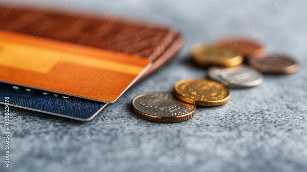 Poster close up shot of a credit card and a wallet with coins scattered on a wooden table showcasing a deep