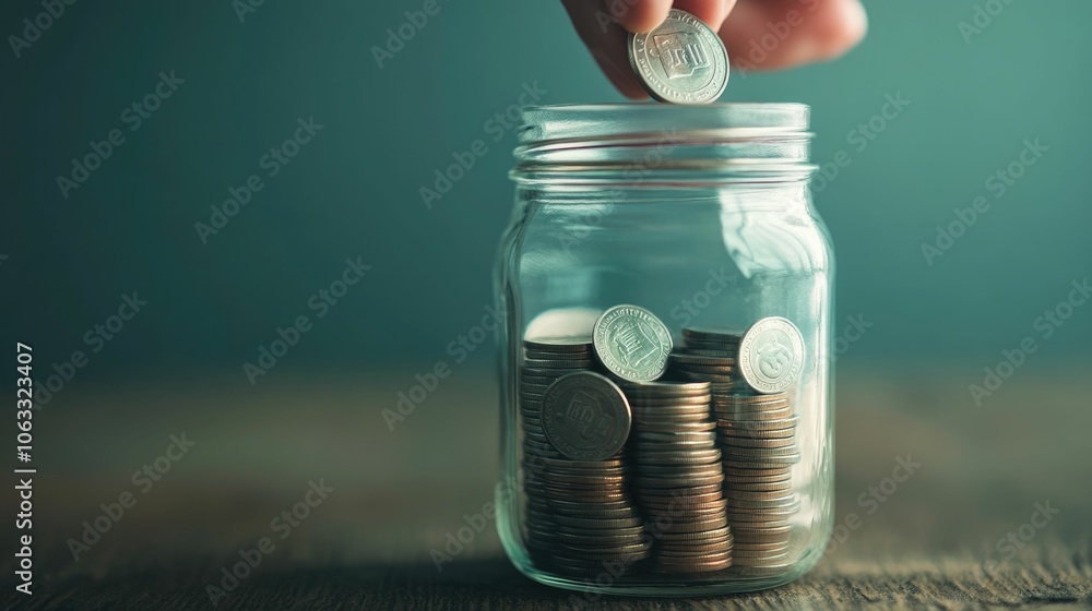 Poster a close up image of coins being carefully placed into a glass jar symbolizing the act of saving mone