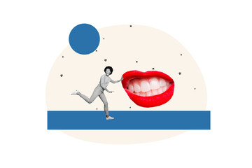 Composite photo collage of excited american girl run development rush motivation mouth grimace...
