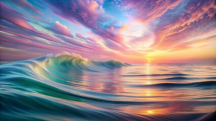 Fototapeta premium A Single Wave Rolls Towards a Vibrant Sunset, Its Crest Glowing With a Shimmering, Ethereal Light