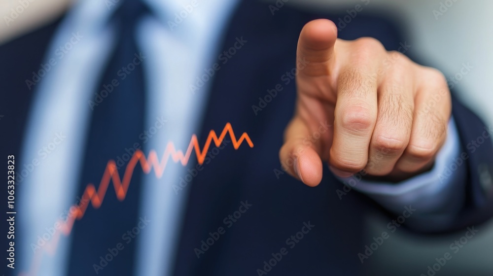Poster experienced financial advisor pointing at a line graph displaying investment returns and growth tren