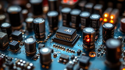 Close-up of a circuit board with an AI chip, showcasing the intricate details of modern technology.