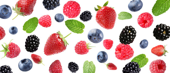 Mix of fresh berries in air on white background