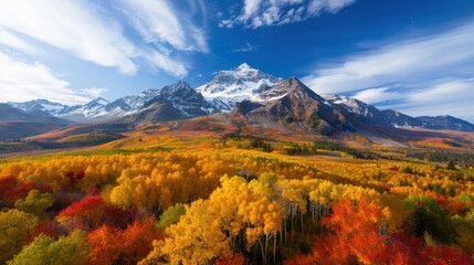 Naklejka premium A breathtaking autumn landscape featuring vibrant orange and yellow foliage, majestic mountains, and a blue sky with wispy clouds.