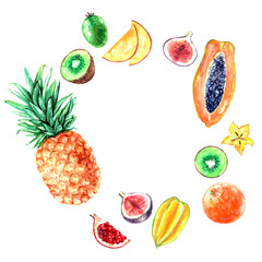 Hand drawn watercolor fruit frame. Pineapple, papaya, kiwi, mango, orange, fig, feijoa, carambola.