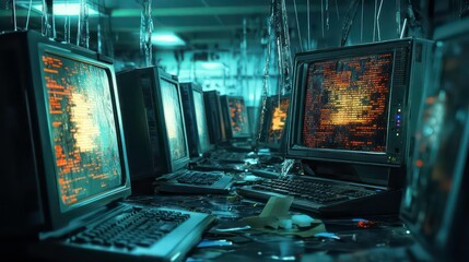 A dimly lit room filled with old computers displaying complex digital patterns.