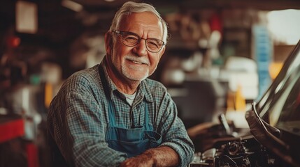Senior man in a workshop, wearing a plaid shirt and apron, smiling warmly with a background of tools and equipment.