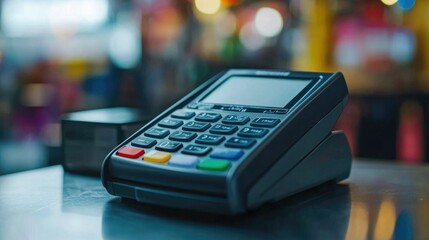 Credit card payments being processed on a point of sale POS system with financial reports and charts showcasing data analytics and financial metrics nearby in a deep depth of field