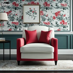 A stylish armchair with red and white upholstery in a floral-themed room.