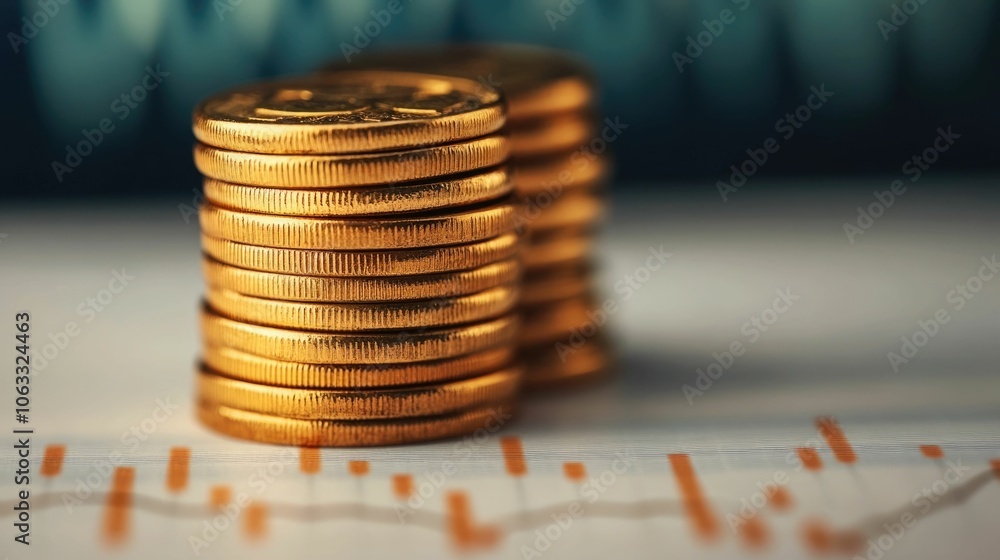 Poster stacked coins on top of a detailed financial report with various charts and graphs illustrating inve