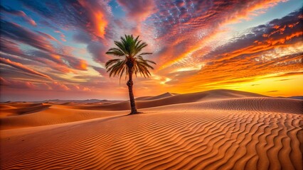 A Solitary Palm Tree Stands Tall Against a Dramatic Desert Sunset, The Vibrant Hues of the Sky Reflecting in the Rippling Sand Dunes