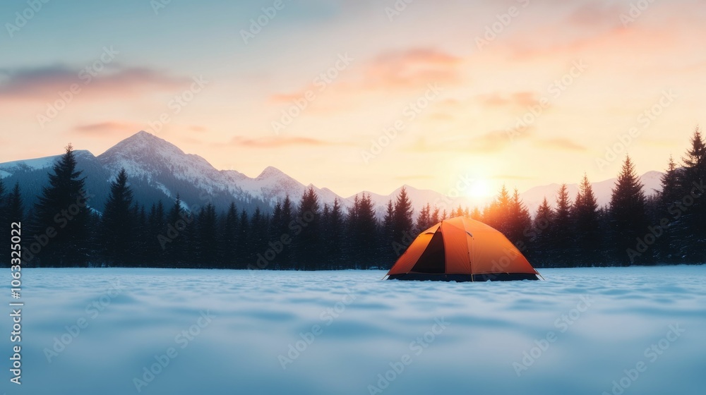 Poster camper setting up tent in snowy winter clearing preparing for peaceful overnight adventure in the wi