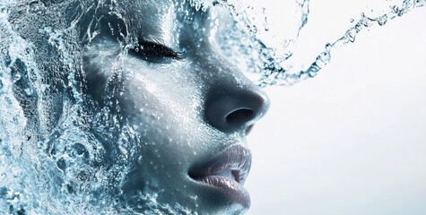 Water splashing on a beautiful woman's face, against a white background