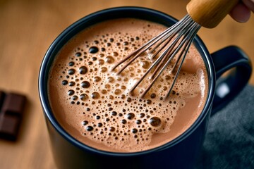 A person whisking hot chocolate in a mug, with frothy bubbles forming on the surface, creating a warm, cozy feel