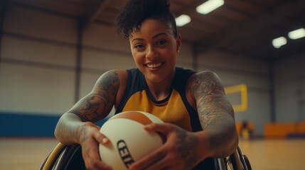 Empowering Portrait of a Female Wheelchair Rugby Player in Action for Sports Inspiration