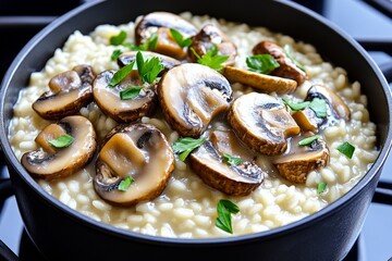 A pot of mushroom risotto simmering on the stove, with creamy, bubbling broth soaking into each grain