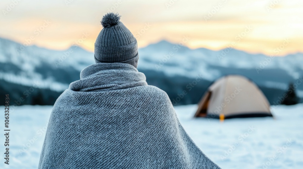 Poster cozy camper wrapped in a blanket sitting peacefully in front of a tent enjoying the serene and tranq