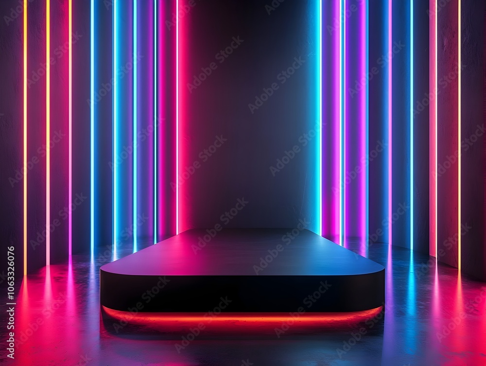 Poster futuristic neon backdrop with glowing lines and matte platform for high end product presentation